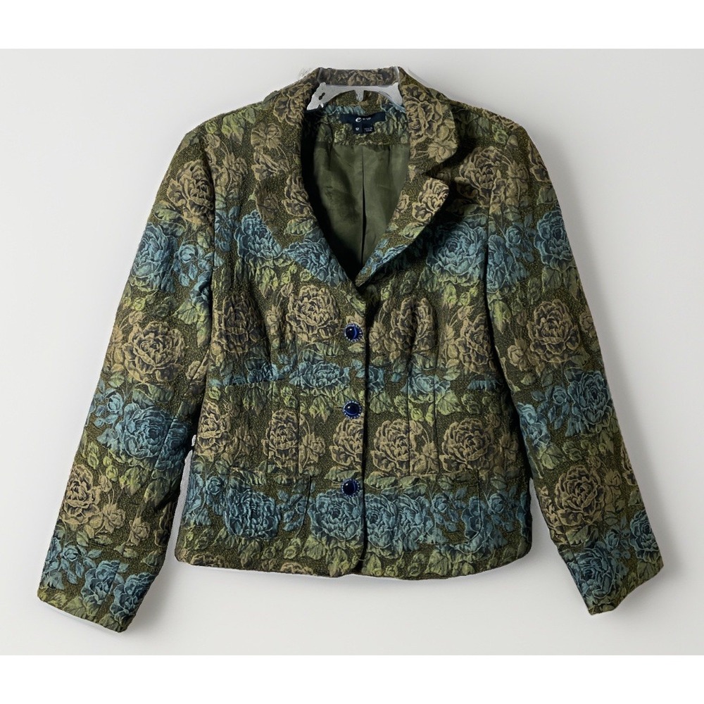 ECI Green Long Sleeve Floral Brocade Tapestry Jacket Women's Size 12 3 Button
